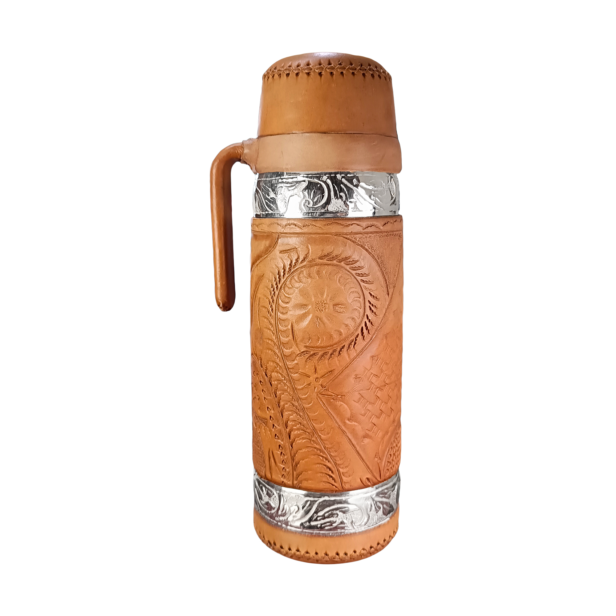 TERMO PARA MATE DE CUERO CON DETALLES EN PLATA - COLOR NATURAL