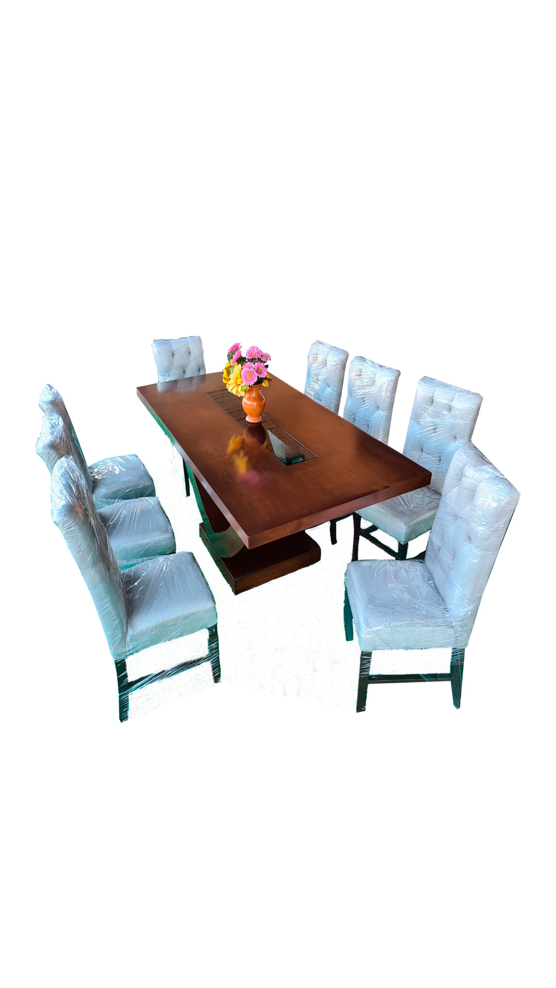 Juego Comedor 8 sillas Capitoneado base v con vidrio